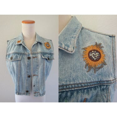 Vintage 90s Denim Sunflower Vest Cropped Jean Jacket Top Embroidered Sunflowers LEI Jeans 1990s Grunge - Size Medium 