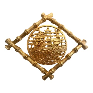 Vintage Lrg Gold Ormolu Faux Bamboo Open Work Asian Motif Belt Scarf Clip Buckle | Art Deco High End Fashion Accessory 