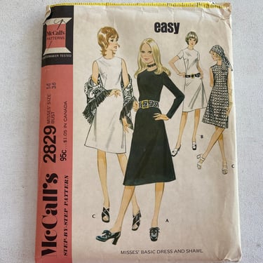 70's Vintage McCall's 2829, Easy Basic Dress And Shawl, Size 14, Bust 36, UNCUT 