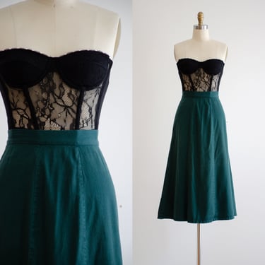 green midi skirt 80s 90s vintage dark forest green cottagecore fit and flare skirt 