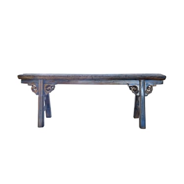 Distressed Brown Light Blue Village Slim Narrow Scroll Apron Wood Bench ws4538E 