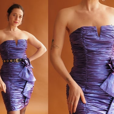 Vintage 80s Iridescent Purple Strapless Party Dress/ 1980s Prom Dress/ Size Small 