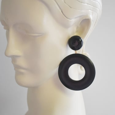 1980s/90s Black Wooden Hoop Earrings 