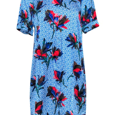 Equipment - Blue & Multicolor Geometric & Floral Print Button-Up Silk Shirtdress Sz M