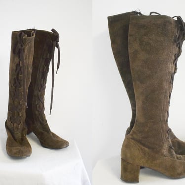 1960s/70s Hush Puppies Brown Suede Lace Front Knee Go-Go Boots 