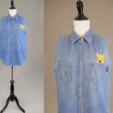 90s Winnie the Pooh Top - Blue Denim Shirt - Embroidered Pooh - Disney Jerry Leigh - Vintage 1990s - M 