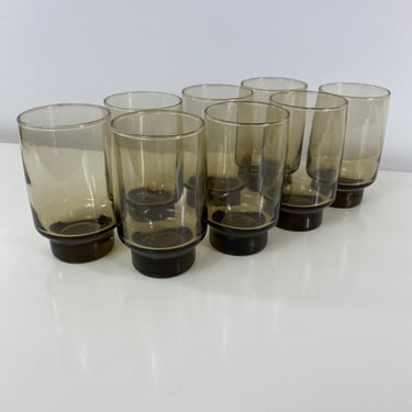 Vintage Libbey Glass TAWNY ACCENT Smoky Brown 11oz Flat Tumblers Set of 8, MCM Barware Drinking Glass, Pedestal Tumblers, Stackable Glasses 