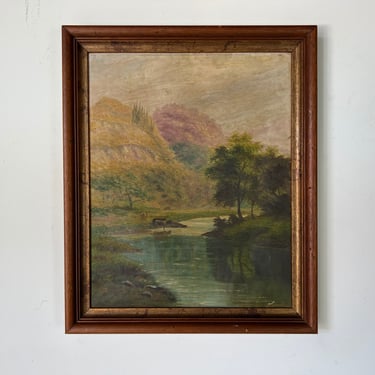 1908 Antique Katie Edwards Impressionist Lakeside Landscape Oil on Canvas Painting 