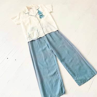 1950s Embroidered White + Blue Pyjama Set 