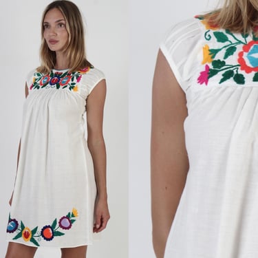 Bright Floral Mexican Summer Dress, Vintage Embroidered CoverUp Dress, Thin White Cotton Mini Sundress 