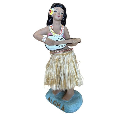 Mid-century "Aloha" Hula GirlCeramic Figurine w/ Ukulele and Red Flowers 