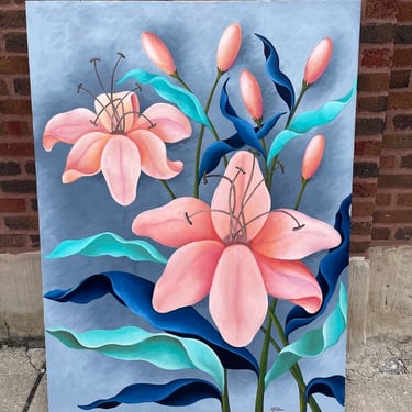 Peach floral large art signed 48T 36W IN STORE PICKUP ONLY