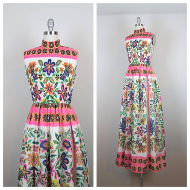 Vintage 1960s floral maxi dress, cotton, border print, hostess, sundress, Peck & Peck 
