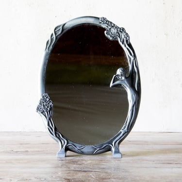 Lady Tabletop Mirror, Vintage Ornate Framed Pewter Toned Vanity Mirror with Woman Figure 