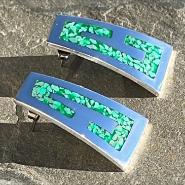 Vintage Sterling Silver and Green Chip Inlay Mexican Post / Stud Earrings 