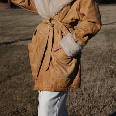 Vintage Camel Fur-Lined Hooded & Belted Leather Coat