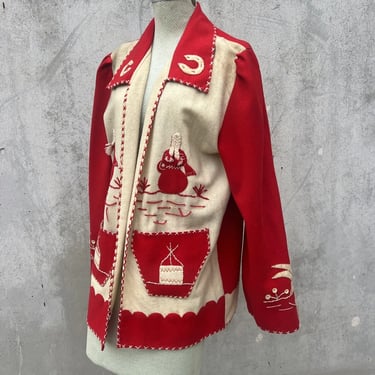 Vintage 1940s Red & White Wool Appliqué Coat Figural Souvenir Jacket Mexico