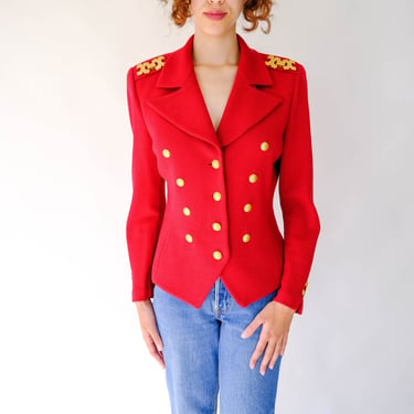 Vintage 80s ST JOHN Red Santana Knit Triple Breasted Cropped Jacket w/ Brass Buttons & Accents | Royalty, Military | 1980s Designer Jacket 