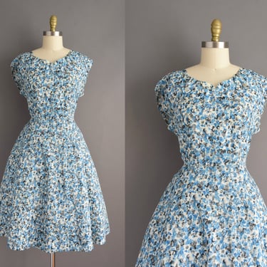 1950s dress | Blue & Back Abstract Print Full Skirt Dress | Large | 50s vintage dress 