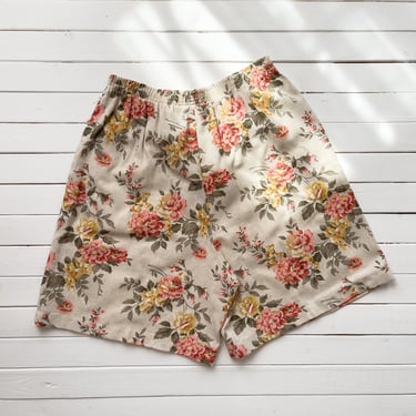 high waisted shorts 80s 90s vintage beige orange floral linen shorts 