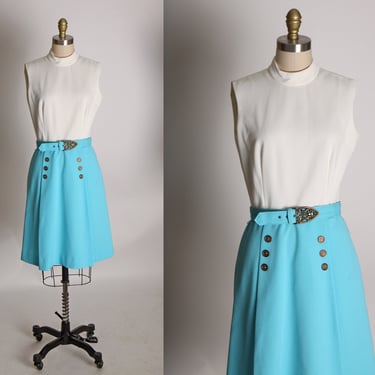 1960s Turquoise Blue and White Sleeveless Belted Polyester Dress -S 