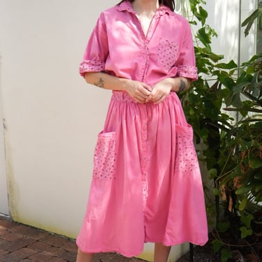 1980's Blouse Skirt Dress Set / 100% Cotton Sun and Moon Novelty Printed Bubblegum Dress 