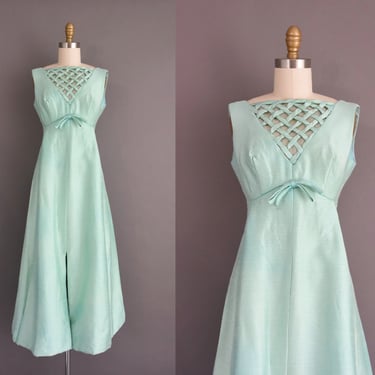 1960s vintage dress | Mint Blue Silk Lattice Cocktail Party Bridesmaid Wedding Dress | Medium 