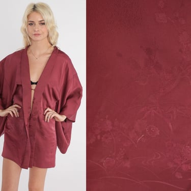 Berry Silk Kimono Robe 70s Floral Embossed Jacket Open Front Boho Retro Asian Inspired Seventies Hippie Festival Vintage 1970s Wine Small 