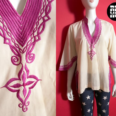 Fantastic Vintage 70s Fuchsia Purple Embroidered Hippie Blouse 