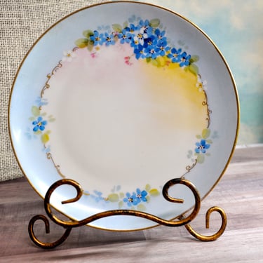 Antique Cabinet Plate Julius H Brauer Studio Hand Painted Blue Forget Me Nots Gold Gilt Edge Collectible Home Decor KPM Germany Gift for Her 