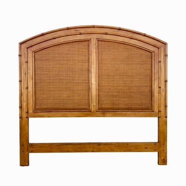 Faux Bamboo & Rattan Queen Headboard - Vintage Natural Wood Wicker Hollywood Regency Coastal Bedroom Furniture 