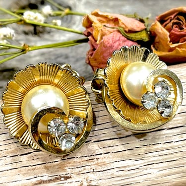 VINTAGE: Metal Flower Clip on Earrings - Rhinestone Pearl Earrings - SKU 34-258-00004370 