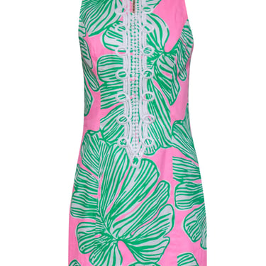 Lilly Pulitzer - Pink, Green & White Leaf Print Sheath Dress w/ Embroidered Trim Sz 4