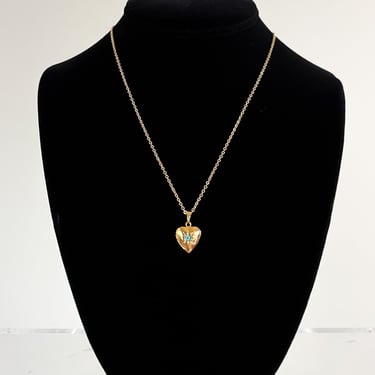 Cutest 1980's NOS Gold Heart Charm Locket Necklace with Aquamarine Center
