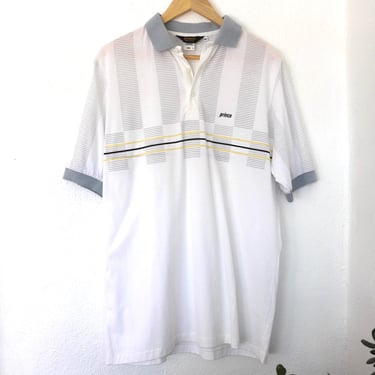 vintage 1980s TENNIS white & gray/yellow striped PRINCE brand Andre Agassi era polo short sleeve henley shirt -- size large - FREE shipping 