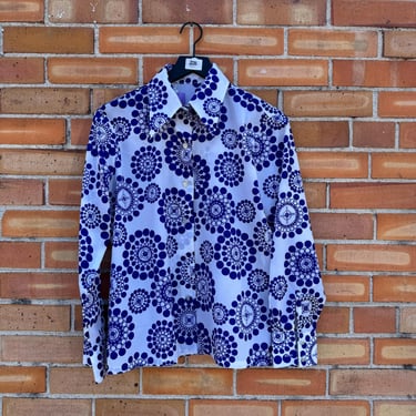 vintage 70s blue abstract print disco blouse / m l medium large 