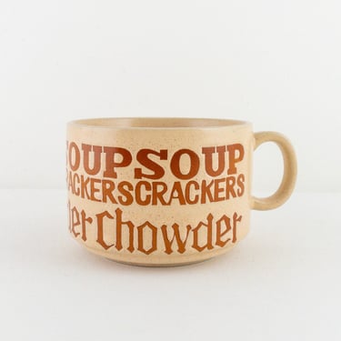 Vintage Soup Mug, Typographic Soup Chowder Bowl with Handle, Speckled Beige with Burnt Orange Lettering 