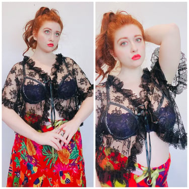 1980s Vintage Fredericks of Hollywood Lace Jacket / 80s Floral Black Ruffled Cropped Bed Jacket / One Size 