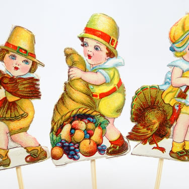 3 Vintage German Thanksgiving Party Picks, Retro Pilgrim Kids Embossed Die Cuts 