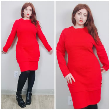 1990s Vintage All That Jazz Red Acrylic Dress / 90s Dropped Waist Textured Knit Dress / Size Large 