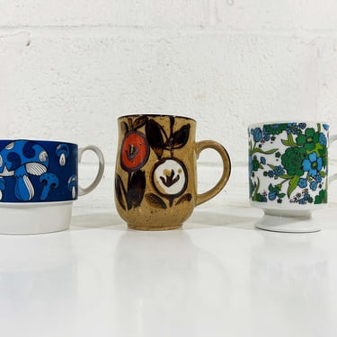 Vintage Set of 3 Mismatched Mugs Floral Stoneware Glazed Pottery Mug Green Blue Boho Mushroom Mushie Japan Flower Power 1970s 1960s 
