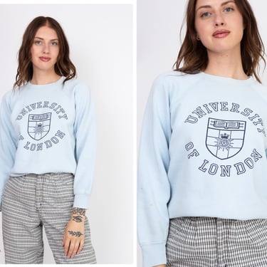 Vintage 1980s 80s Powder Blue University of London Vinyl Print Logo Long Sleeve Sweatshirt 