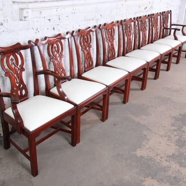 Baker Furniture Style Chippendale Carved Mahogany Dining Chairs, Set of Eight