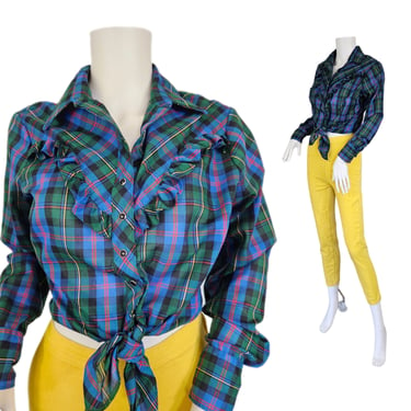1980's Blue Plaid Pearl Snap Western Blouse I Top I Shirt I Sz Med I Dickson-Jenkins 