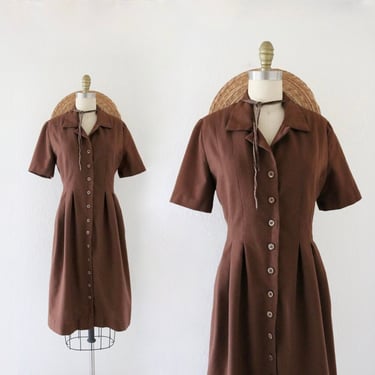 tie back chocolate dress - m - vintage 90s y2k dark brown womens size medium 8 10 chore shirt work dress short sleeve below knee minimal 