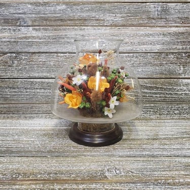 Vintage Glass Globe & Dried Flowers Centerpiece, 1970s Botanicals, Faux Flowers in Jar Shabby Cottage, Floral Mixed Media Vintage Home Decor 
