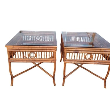 Pair 2 Burnt Bamboo Chippendale Octagonal End Table 