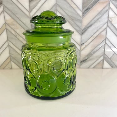 L E Smith Green Moon Stars Glass Canister, 7" H, Medium, Retro Green Apothecary Jar, Vintage Kitchen Container, Retro Glassware 