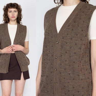 Large 80s Brown Merino Wool Sweater Vest | Vintage Tricots St Raphael Knit Button Up Sleeveless Cardigan 
