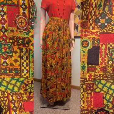Vintage 1970s Colorful Psychedelic Barkcloth Cotton Maxi Skirt / 60s 70s Hippie Boho Multicolor 